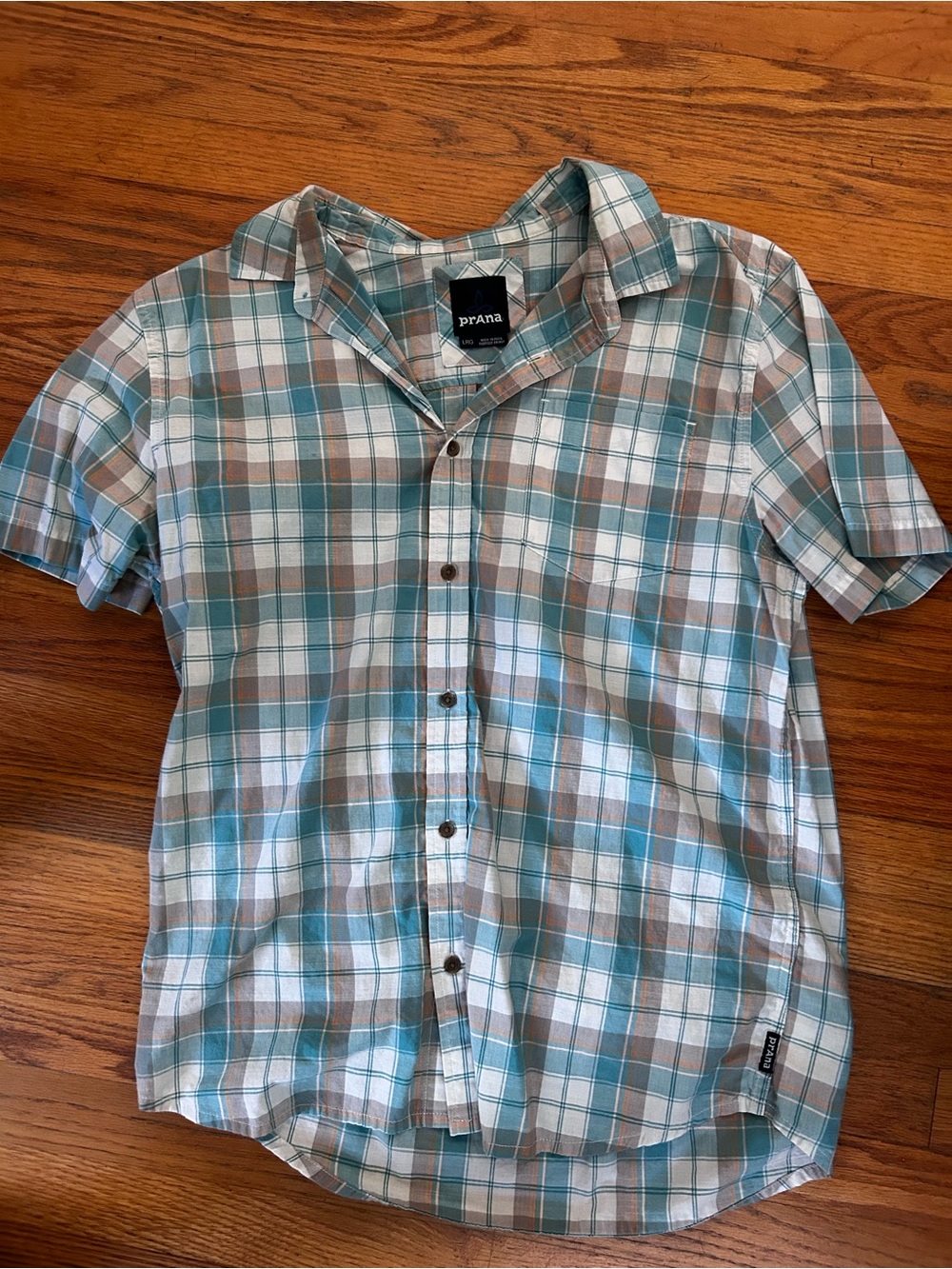 Prana Men's Short-Sleeve Plaid Button-Up Shirt in Teal, Brown & White